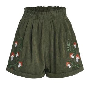 1940s Mushroom Embroidered Corduroy Shorts