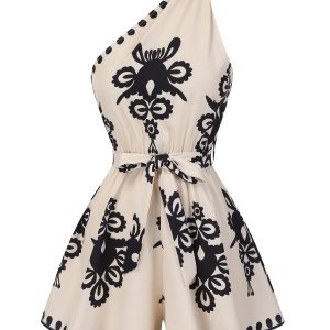 [Pre-Sale] Beige 1940s Oblique Neck Tribal Printed Romper