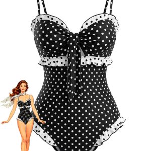 1940s Polka Dot Ruffle Patchwork One-Piece Swimsuit