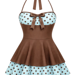 Brown 1940s Polka Dots Patchwork Halter Swimdress