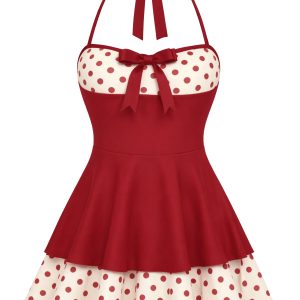 [Pre-Sale] Red 1940s Polka Dots Patchwork Halter Swimdress