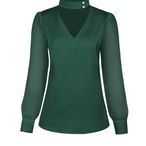 Green 1940s Round Neck Satin Puff Sleeve Blouse