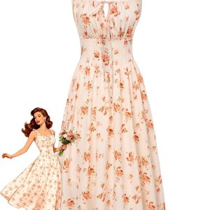 1940s Floral Tie Front Square Neck Midi Dress