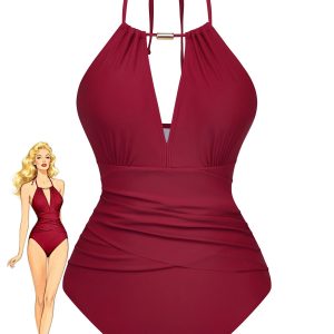 1940s Ruched Deep-V Halter One-Piece Swimsuit
