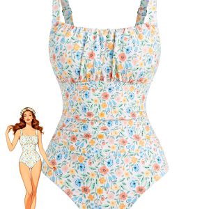 1940s Ruched Square Neck Ditsy Floral One-Piece Swimsuit