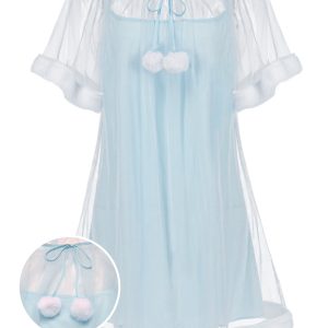 Blue 1940s Ruffle Sleeve Plush Trim Tulle Nightgown