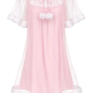Pink 1940s Ruffle Sleeve Plush Trim Tulle Nightgown