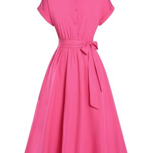1940s Solid Cap Sleeves Buttoned Shirt Dress