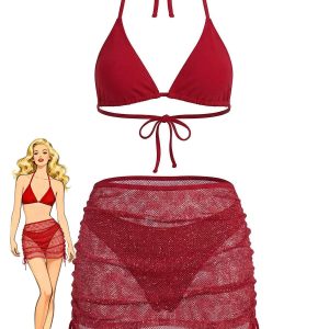 1940s Solid Halter Bikini Set & Crochet Cover-Up