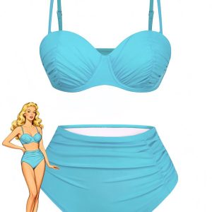 1940s Solid High-Waisted Ruched Bikini Set