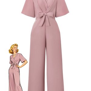 1940s Solid V-Neck Tie Short Sleeve Jumpsuit