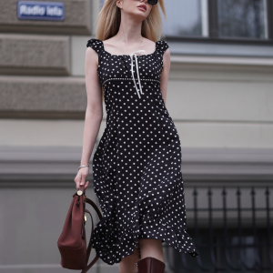 1940s Square Neck Polka Dot Ruffle Dress