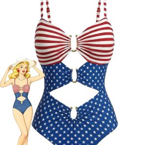 1940s Stars Striped Cutout One-Piece Swimsuit