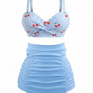 [Pre-Sale] Sky Blue 1940s Plaid Cherry Vintage Bikini Set