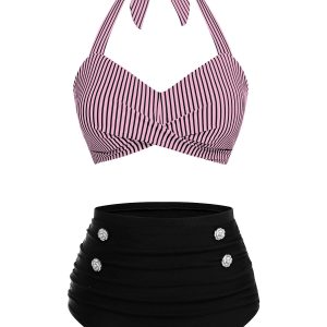 Pink & Black 1940s Striped Halter Swimsuit Set
