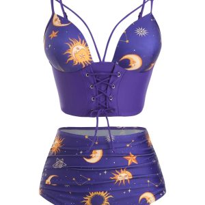 Purple 1940s Sun Moon Stars Lace-Up Swimsuit