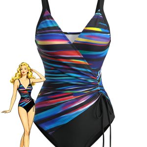 Blue 1940s Colorblock Striped Drawstring One-Piece Swimsuit