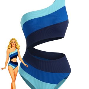 Blue 1940s One-Shoulder Striped Colorblock One-Piece Swimsuit