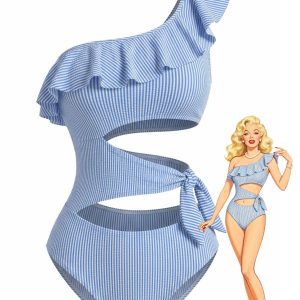 Blue 1940s Striped One-Shoulder Cutout One-Piece Swimsuit
