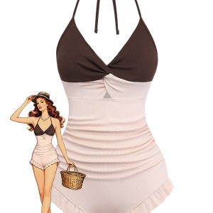 Brown & Pink 1940s Color-Block Ruffled High-Waisted Swimsuit