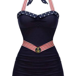 [Pre-Sale] Navy Blue 1940s Halter Star & Stripe & Anchor Patchwork Swimsuit