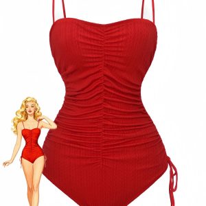 1940s Solid Ruched Spaghetti Strap One-Piece Swimsuit
