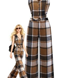 2PCS Khaki 1950s Faux Wool Plaid Sleeveless Vest & Pants