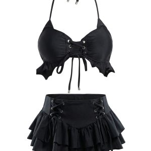 Black 1950s Halter Lace Up Bikini Set & Tiered Cover Up