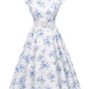 [Pre-Sale] White 1950s Boat Neck Belted Floral Dress