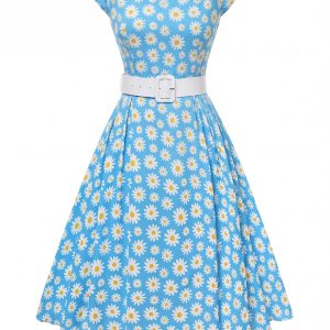 Blue 1950s Boat Neck Daisy Belted Dress