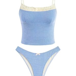Blue 1950s Checkered Lace Trim Tankini Set