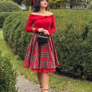 Red 1950s Christmas Off Shoulder Tartan Dress