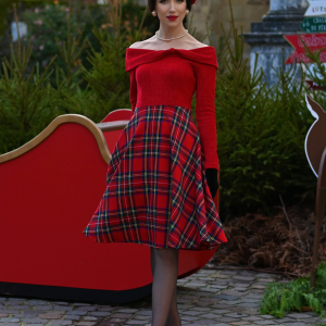 Red 1950s Christmas Off Shoulder Tartan Dress
