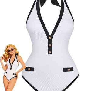 1950s Color Block V-Neck Backless Button Swimsuit