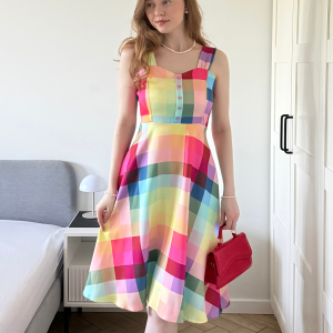 1950s Colorful Plaid Wide-strap A-Line Dress