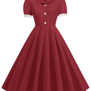 1950s Contrast Short Sleeve Lapel Dress