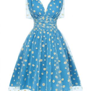 Blue 1950s Daisy Mesh Swing Dress