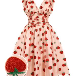 Pink 1950s Strawberry Mesh Swing Dress