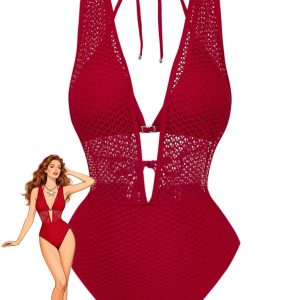 1950s Deep V-Neck Crochet Mesh Halter Swimsuit Set