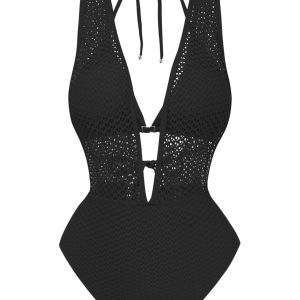 Black 1950s Deep V-Neck Crochet Mesh Halter Swimsuit Set