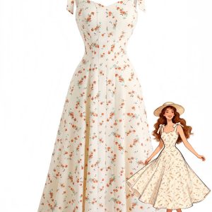 Beige 1950s Ditsy Floral Tie Strap Sweetheart Neck Dress
