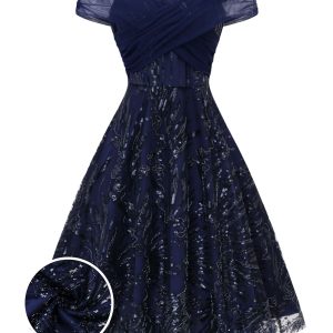 [Pre-Sale] Blue 1950s Off-Shoulder Embroidered Sequin Floral Dress