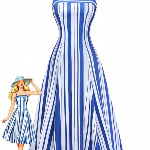 Blue & White 1950s Stripe Spaghetti Strap Midi Dress