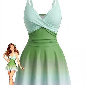 1940s Mirrored Ombre Front Twist One-Piece Swim Dress