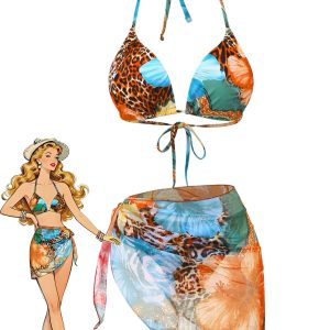 1950s Floral Leopard Halter Bikini Set & Cover-Up