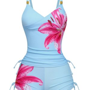 1950s Floral Solid Lace-Up Tankini Set