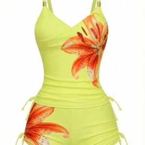 1950s Floral Solid Lace-Up Tankini Set