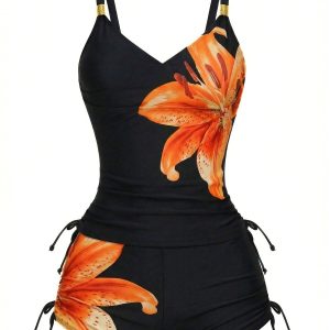 1950s Floral Solid Lace-Up Tankini Set