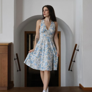 Blue 1950s Floral V-Neck Dress