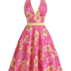 Rose Pink 1950s Floral V-Neck Dress
